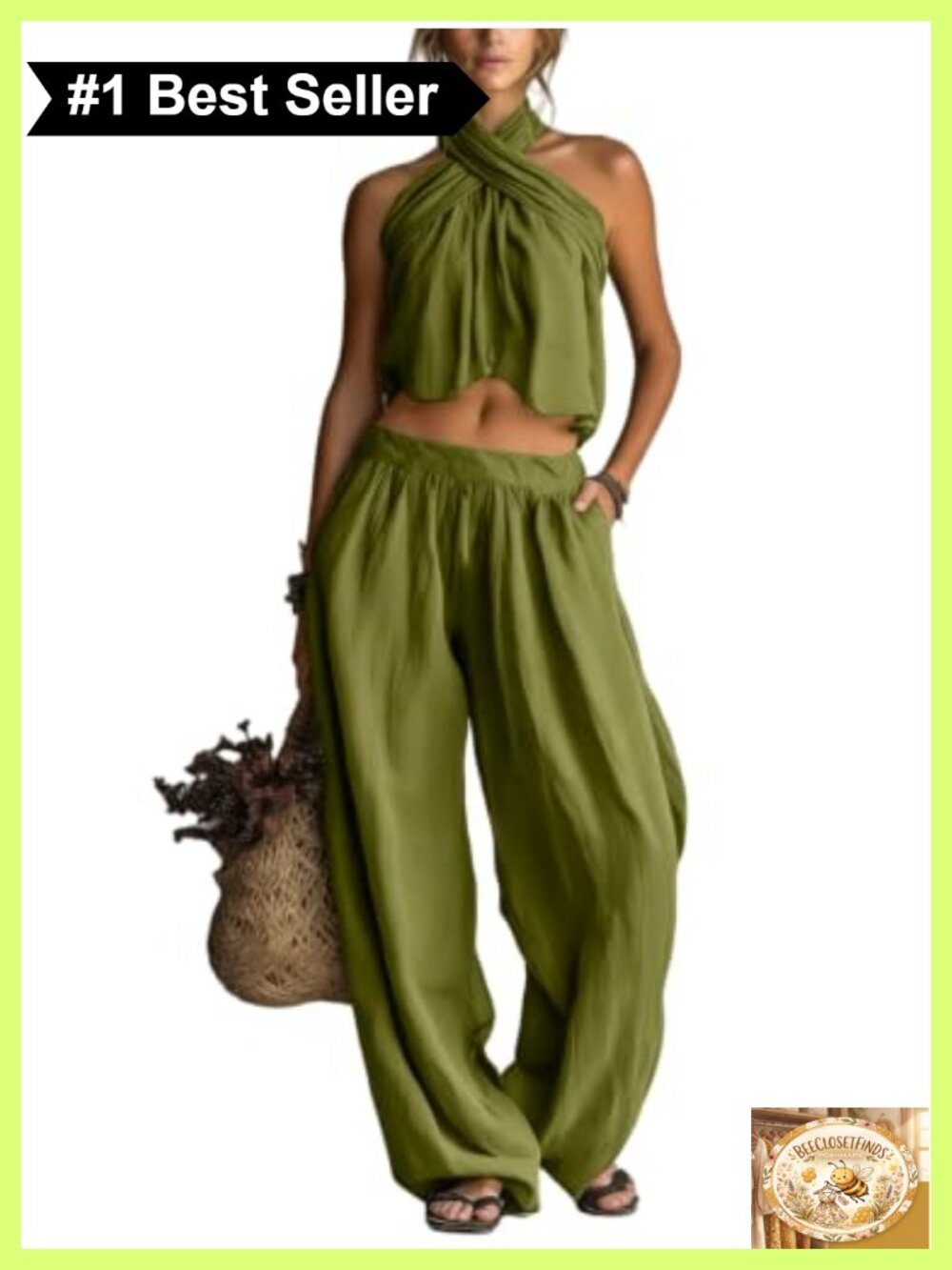 Women Two Piece Lounge Set Halter Crop Top Wide Leg Pants